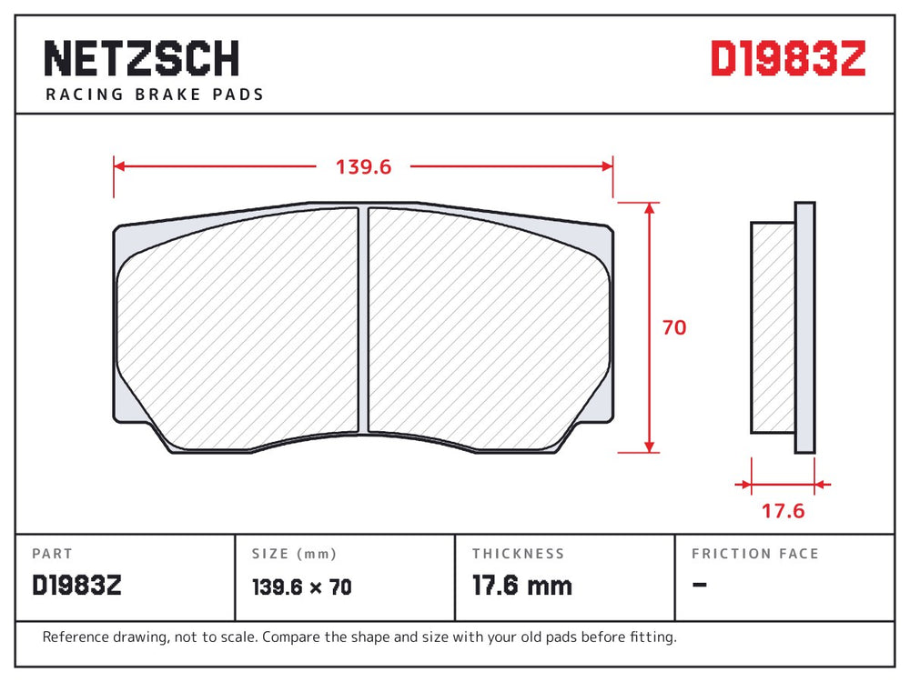 NETZSCH D1983Z brake pad drawing, 17.6 mm thick
