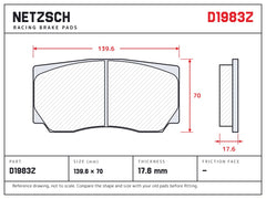 NETZSCH D1983Z brake pad drawing, 17.6 mm thick