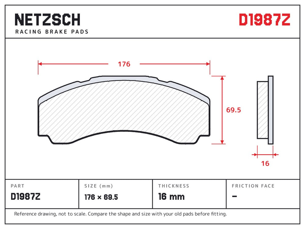 NETZSCH D1987Z brake pad drawing, 16 mm thick