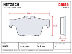 NETZSCH D1989 brake pad drawing, 14.9 mm thick