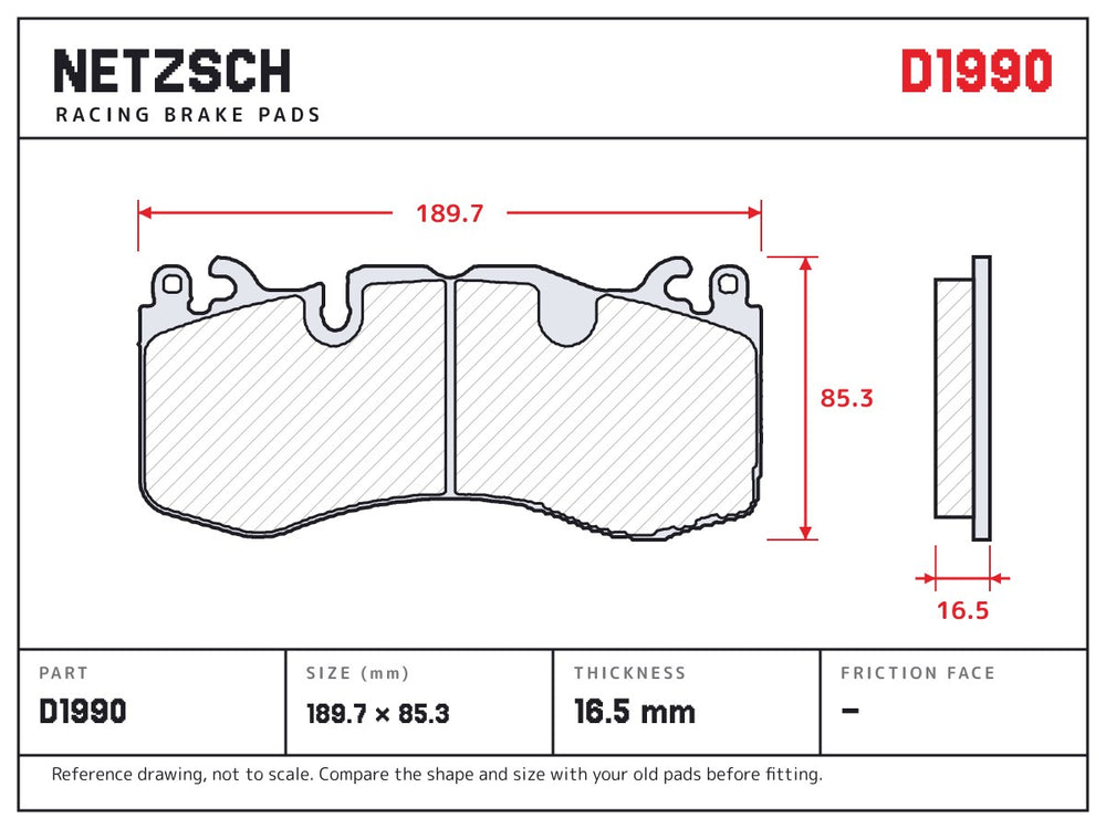 NETZSCH D1990 brake pad drawing, 16.5 mm thick