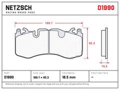 NETZSCH D1990 brake pad drawing, 16.5 mm thick