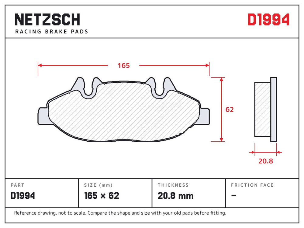 NETZSCH D1994 brake pad drawing, 20.8 mm thick