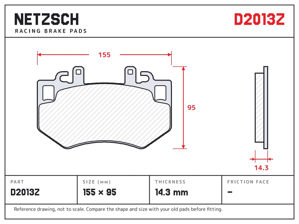 NETZSCH D2013Z brake pad drawing, 14.3 mm thick