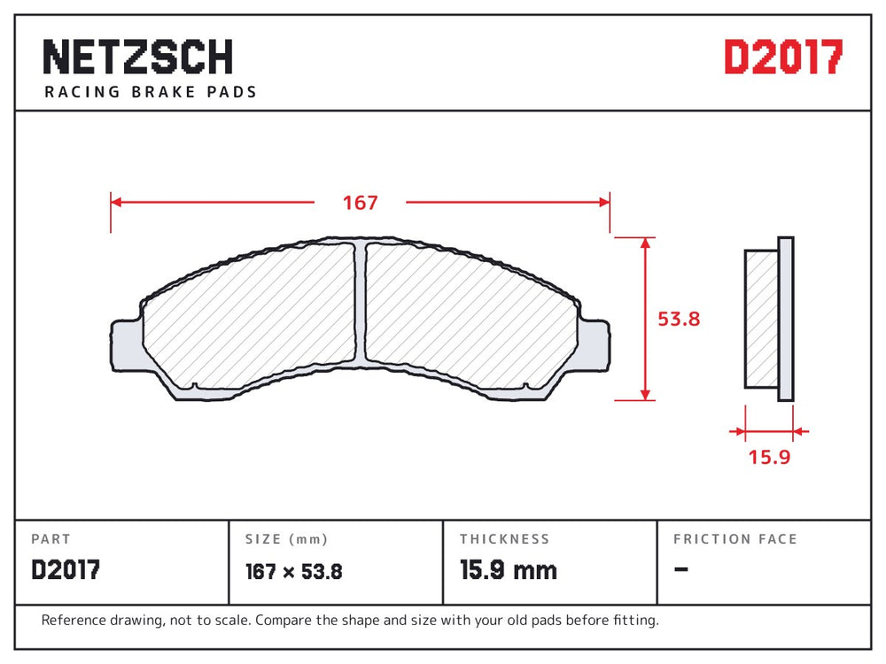 NETZSCH D2017 brake pad drawing, 15.9 mm thick