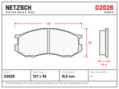 NETZSCH D2026 brake pad drawing, 15.5 mm thick