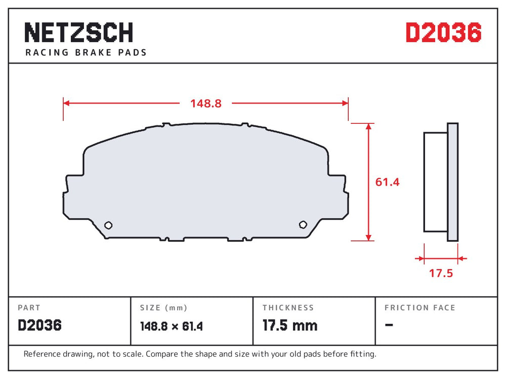 NETZSCH D2036 brake pad drawing, 17.5 mm thick