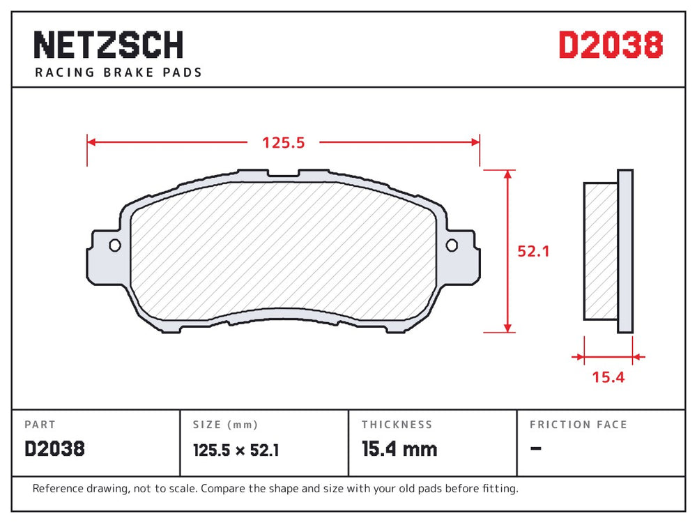 NETZSCH D2038 brake pad drawing, 15.4 mm thick