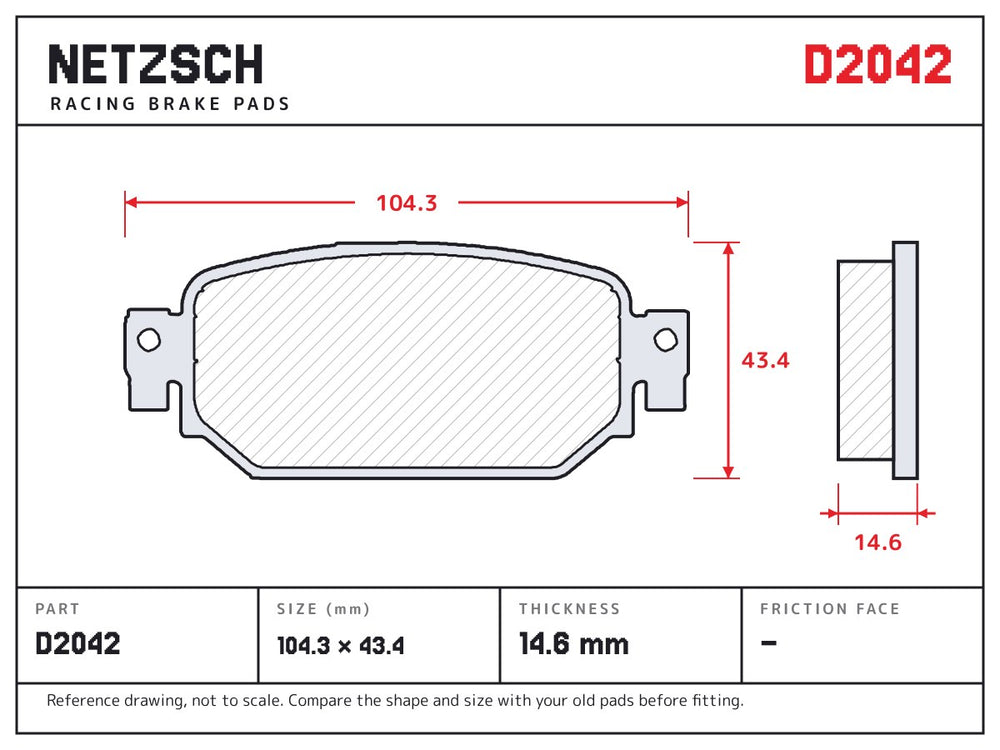 NETZSCH D2042 brake pad drawing, 14.6 mm thick