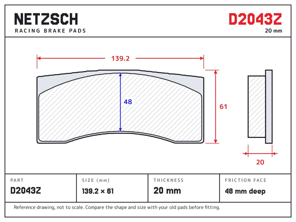 NETZSCH D2043Z brake pad drawing, 20 mm thick
