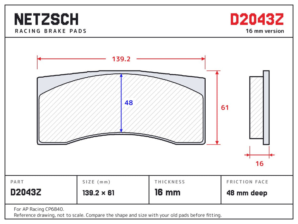 NETZSCH D2043Z brake pad drawing, 16 mm thick