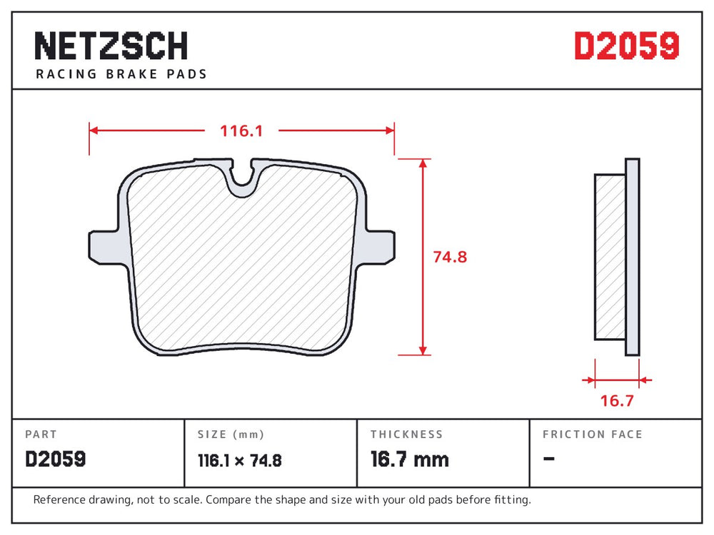 NETZSCH D2059 brake pad drawing, 16.7 mm thick