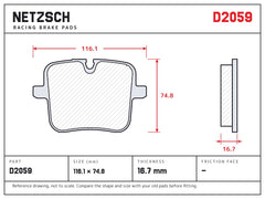 NETZSCH D2059 brake pad drawing, 16.7 mm thick