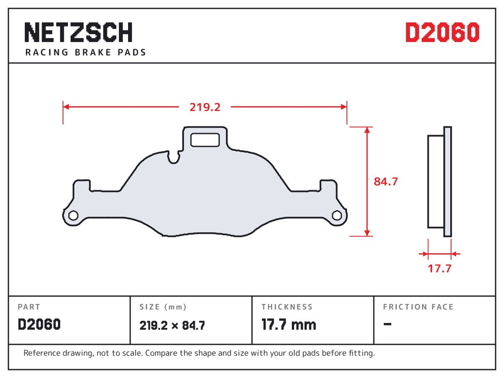 NETZSCH D2060 brake pad drawing, 17.7 mm thick