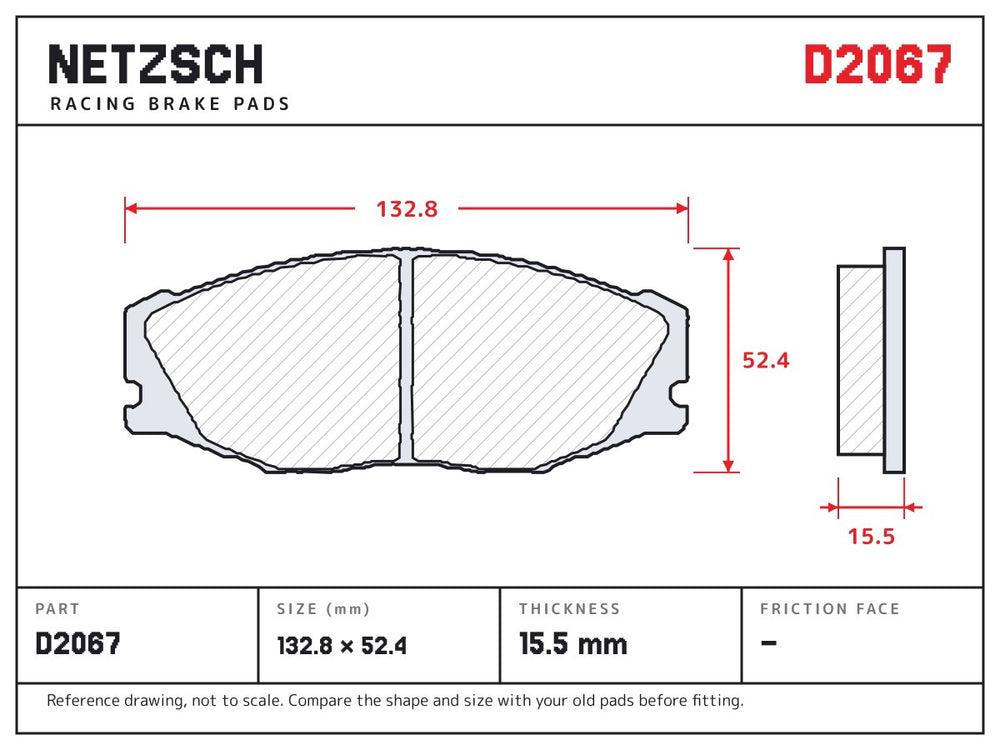NETZSCH D2067 brake pad drawing, 15.5 mm thick