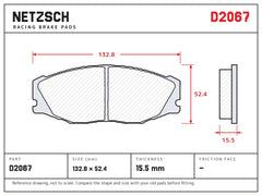 NETZSCH D2067 brake pad drawing, 15.5 mm thick