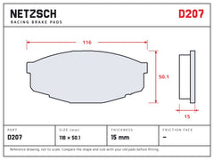 NETZSCH D207 brake pad drawing, 15 mm thick