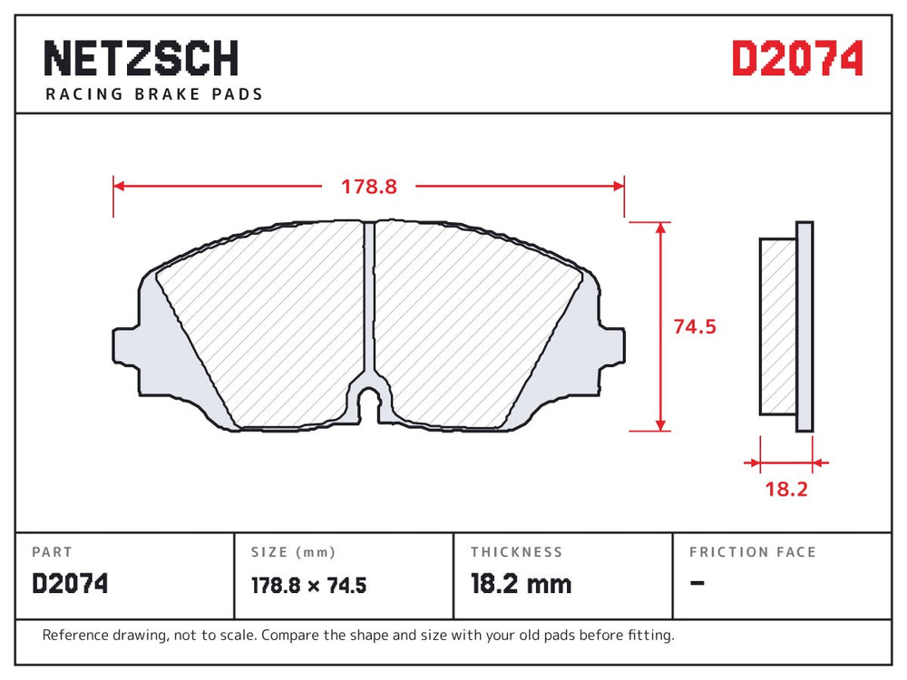 NETZSCH D2074 brake pad drawing, 18.2 mm thick