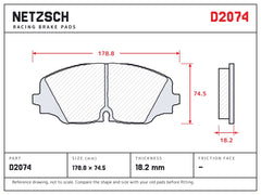 NETZSCH D2074 brake pad drawing, 18.2 mm thick