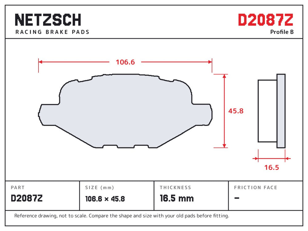 NETZSCH D2087Z brake pad drawing, 16.5 mm thick