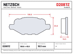 NETZSCH D2087Z brake pad drawing, 16.5 mm thick