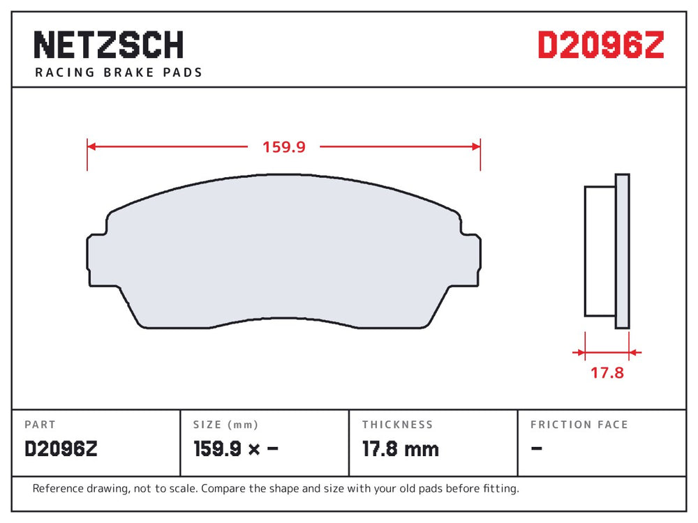 NETZSCH D2096Z brake pad drawing, 17.8 mm thick