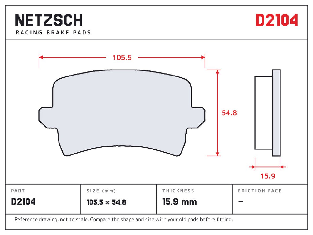 NETZSCH D2104 brake pad drawing, 15.9 mm thick