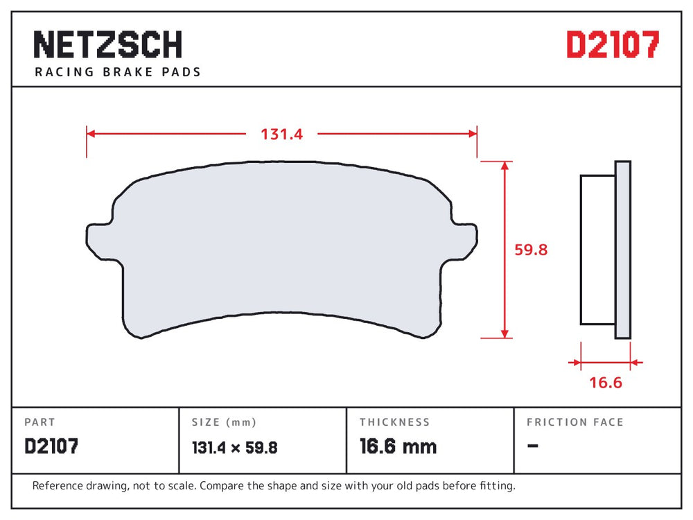 NETZSCH D2107 brake pad drawing, 16.6 mm thick
