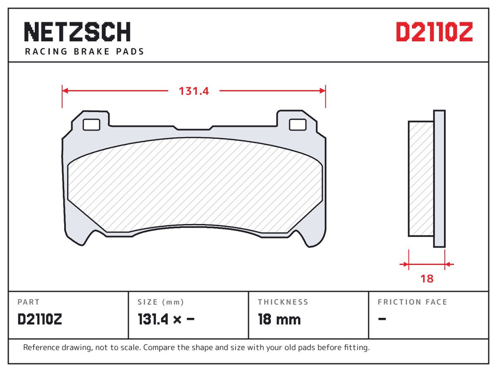 NETZSCH D2110Z brake pad drawing, 18 mm thick