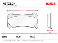 NETZSCH D2110Z brake pad drawing, 18 mm thick