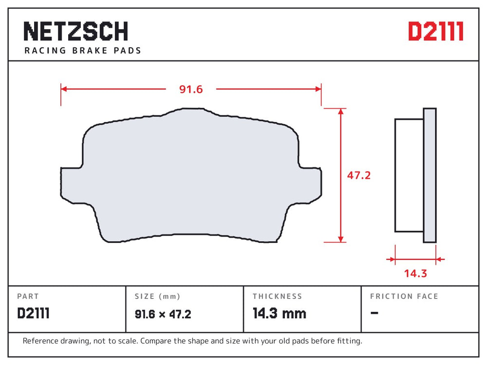 NETZSCH D2111 brake pad drawing, 14.3 mm thick