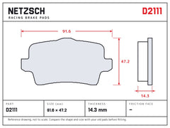 NETZSCH D2111 brake pad drawing, 14.3 mm thick