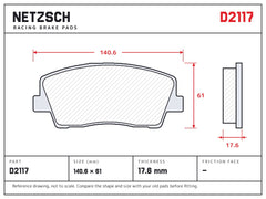 NETZSCH D2117 brake pad drawing, 17.6 mm thick