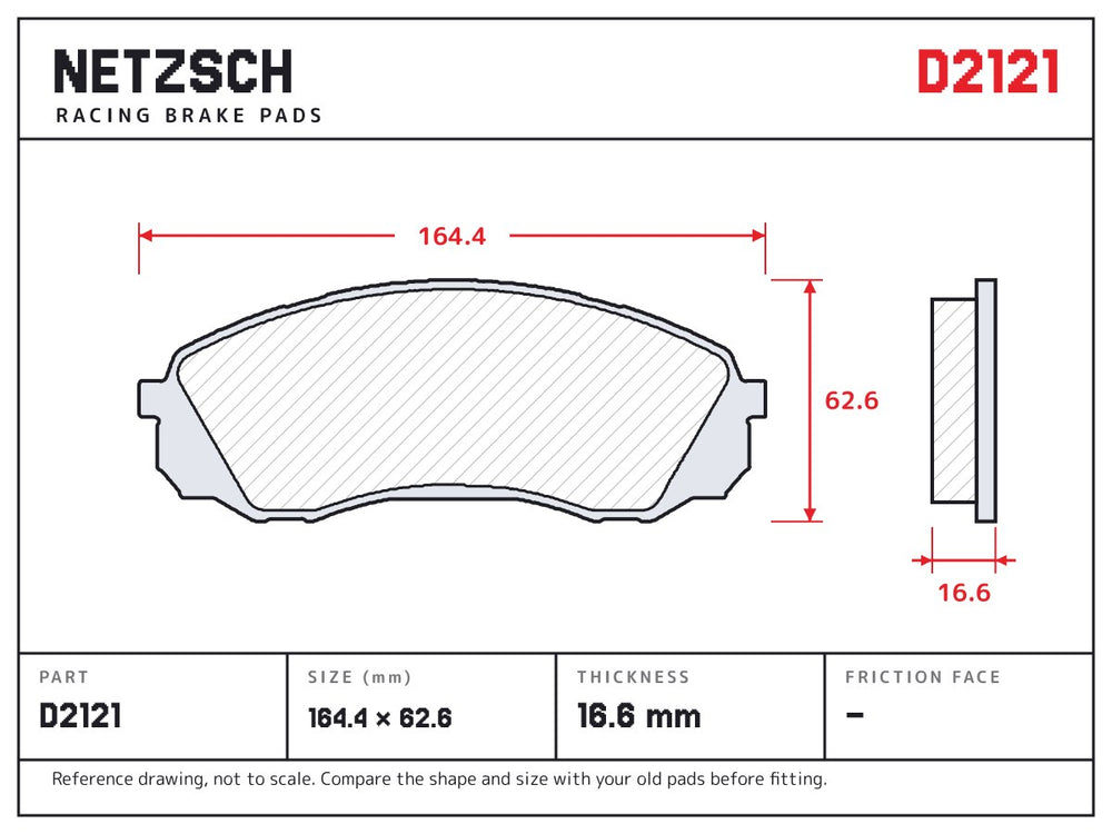 NETZSCH D2121 brake pad drawing, 16.6 mm thick