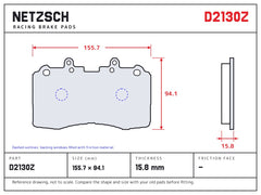 NETZSCH D2130Z brake pad drawing, 15.8 mm thick