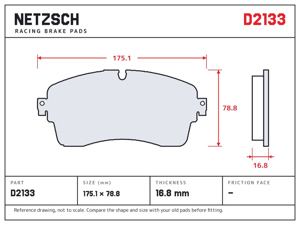 NETZSCH D2133 brake pad drawing, 16.8 mm thick