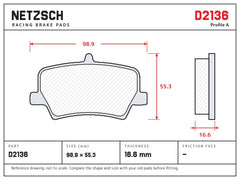 NETZSCH D2136 brake pad drawing, 16.6 mm thick