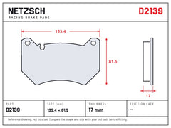 NETZSCH D2139 brake pad drawing, 17 mm thick