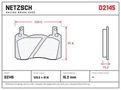 NETZSCH D2145 brake pad drawing, 15.2 mm thick