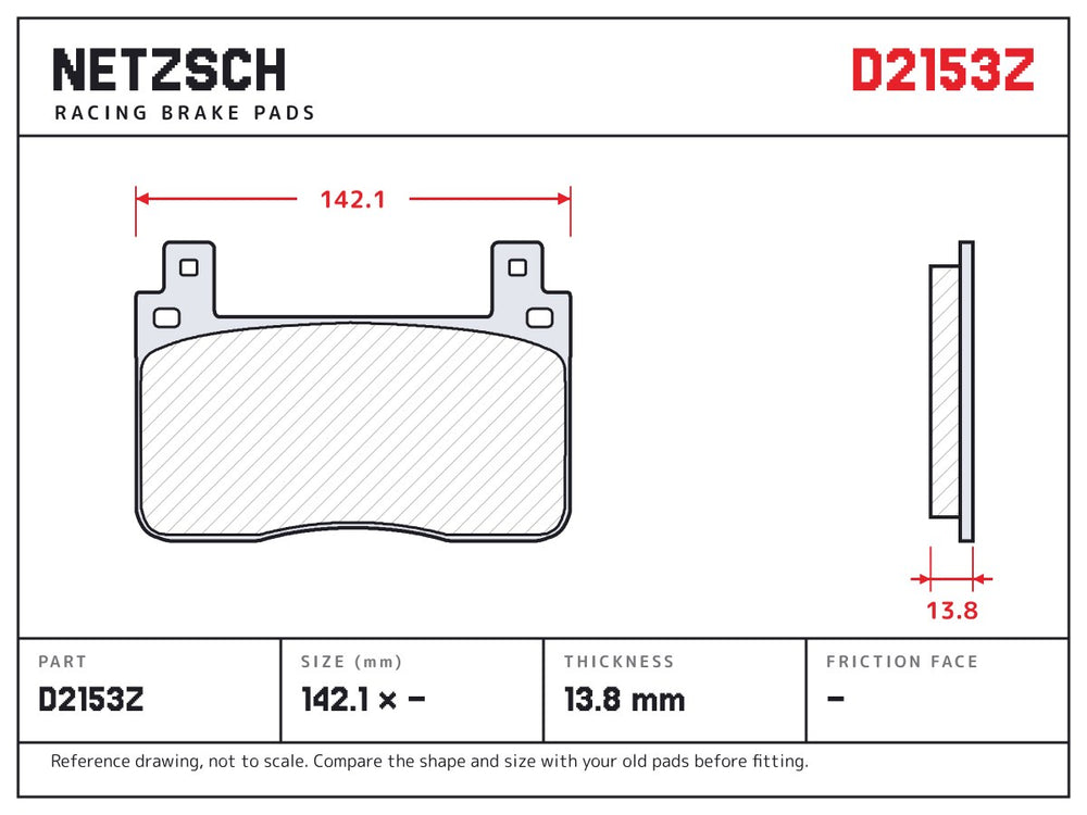 NETZSCH D2153Z brake pad drawing, 13.8 mm thick