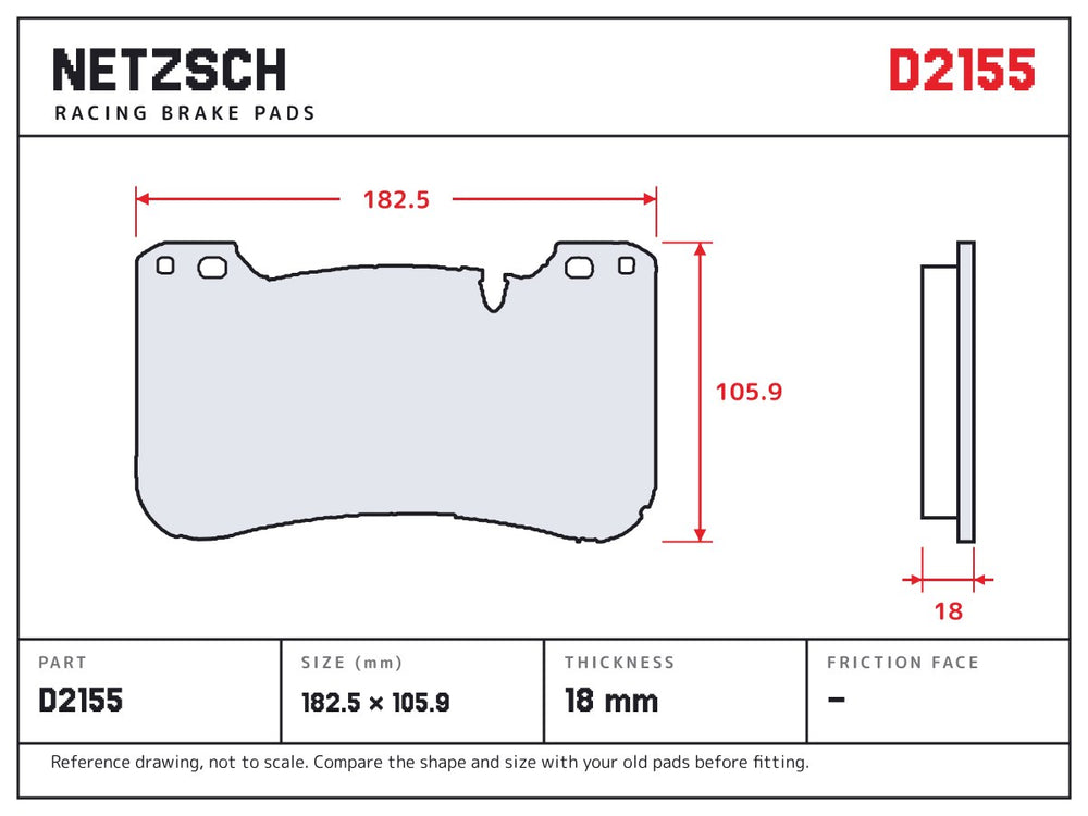 NETZSCH D2155 brake pad drawing, 18 mm thick