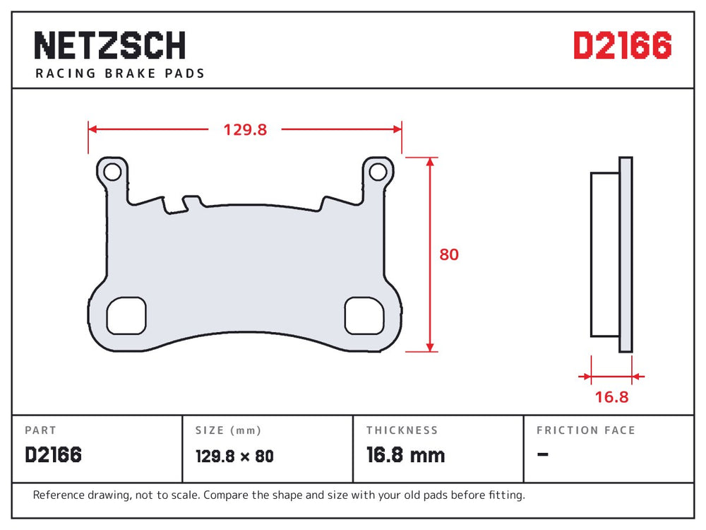 NETZSCH D2166 brake pad drawing, 16.8 mm thick