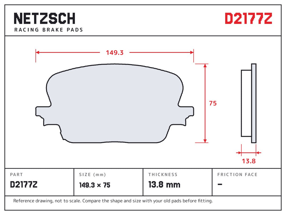 NETZSCH D2177Z brake pad drawing, 13.8 mm thick