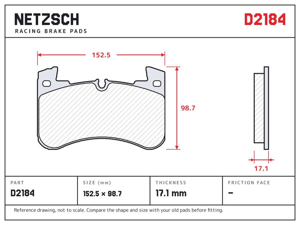 NETZSCH D2184 brake pad drawing, 17.1 mm thick