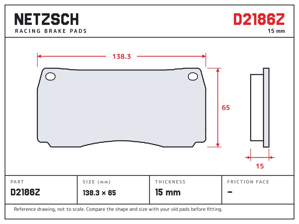 NETZSCH D2186Z brake pad drawing, 15 mm thick