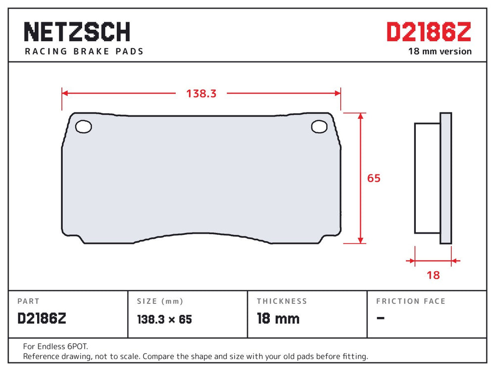 NETZSCH D2186Z brake pad drawing, 18 mm thick