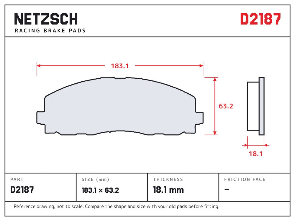 NETZSCH D2187 brake pad drawing, 18.1 mm thick