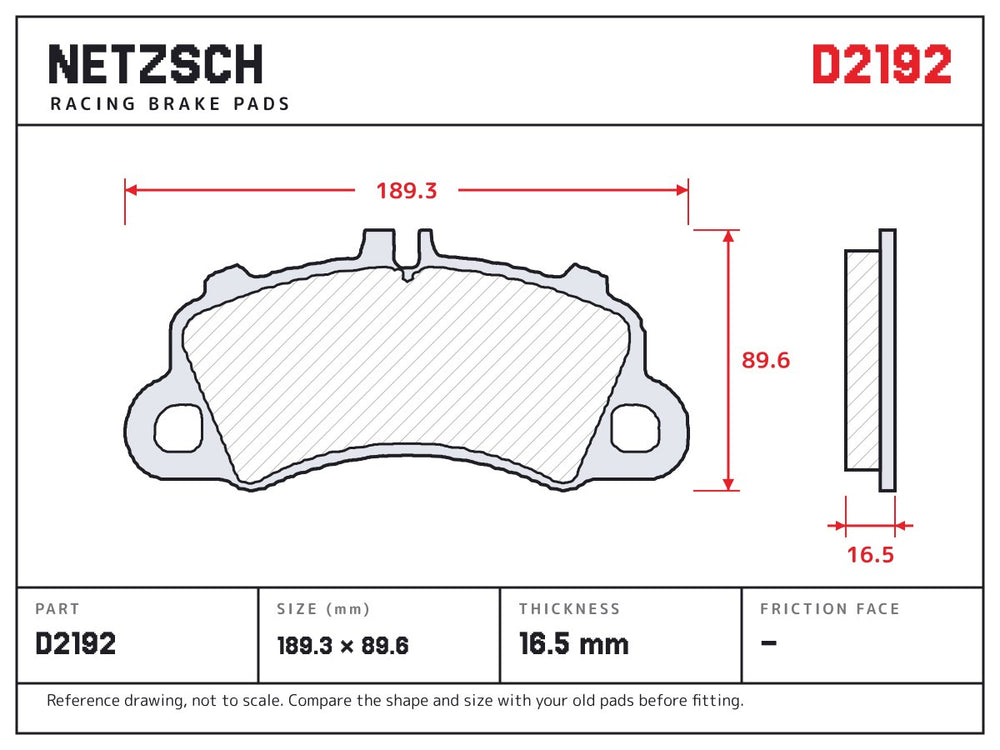 NETZSCH D2192 brake pad drawing, 16.5 mm thick