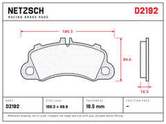 NETZSCH D2192 brake pad drawing, 16.5 mm thick