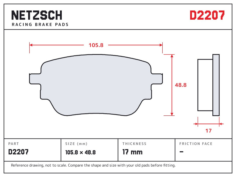 NETZSCH D2207 brake pad drawing, 17 mm thick